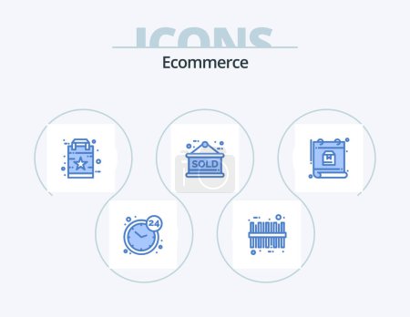 Téléchargez les illustrations : Ecommerce Blue Icon Pack 5 Icône Design. jour. indisponible. Sac. enseigne vendue. signe - en licence libre de droit