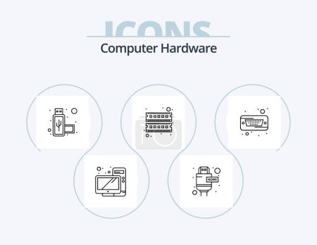 Illustration for Computer Hardware Line Icon Pack 5 Icon Design. music. computer. close. power supply. plug - Royalty Free Image