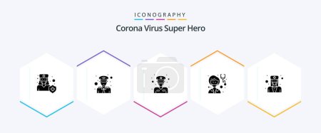 Téléchargez les illustrations : Corona Virus Super Hero 25 Glyph icon pack including people. doctor. security. avatar. traffic police - en licence libre de droit