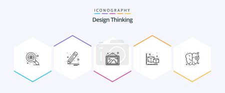 Téléchargez les illustrations : Design Thinking 25 Line icon pack including mind. brain. photo. object. cube - en licence libre de droit