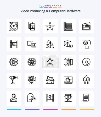 Illustration for Creative Video Producing And Computer Hardware 25 OutLine icon pack  Such As clapper. board. theatre. action. form - Royalty Free Image