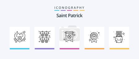 Téléchargez les illustrations : Pack d'icônes Saint Patrick Line 5, y compris les acclamations. lutin. l'or. Irlandais. jour. Icônes créatives Design - en licence libre de droit