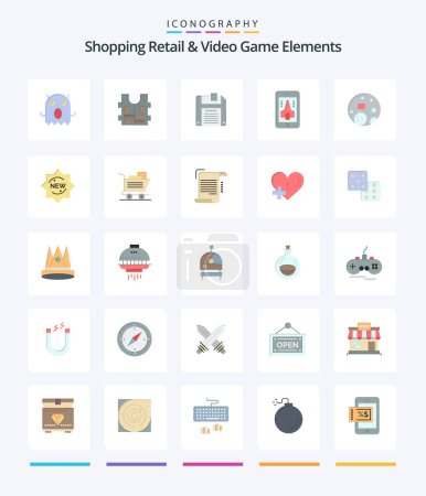 Téléchargez les illustrations : Creative Shoping Retail et éléments de jeu vidéo 25 Pack d'icônes plat tels que neuf. l'espace. sauver. drapeau. smartphone - en licence libre de droit