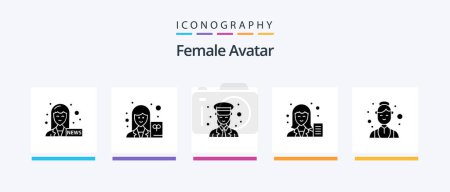 Téléchargez les illustrations : Pack d'icônes Avatar Glyph 5 féminin Y compris assistant. femelle. Garde. rédacteur. blog. Icônes créatives Design - en licence libre de droit