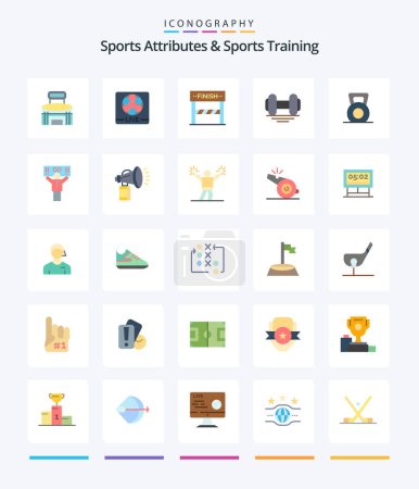 Illustration for Creative Sports Atributes And Sports Training 25 Flat icon pack  Such As fan. gym. football. fitness. game - Royalty Free Image