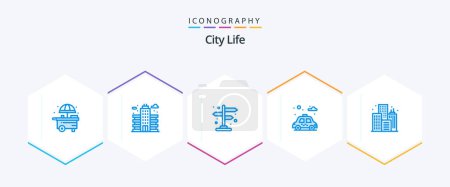 Illustration for City Life 25 Blue icon pack including . building. direction. life. car - Royalty Free Image