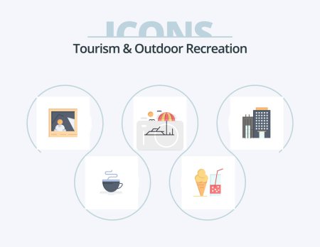 Téléchargez les illustrations : Tourism And Outdoor Recreation Flat Icon Pack 5 Icon Design. home. hotel . picture. vacation. beach - en licence libre de droit