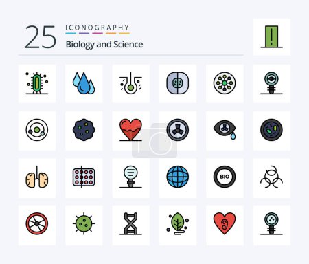 Téléchargez les illustrations : Biologie Pack d'icônes rempli de 25 lignes comprenant des molécules. chimie. atomes. chimique. laboratoire - en licence libre de droit
