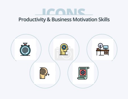Illustration for Productivity And Business Motivation Skills Line Filled Icon Pack 5 Icon Design. note. start from scratch. nonstop. begin. play - Royalty Free Image