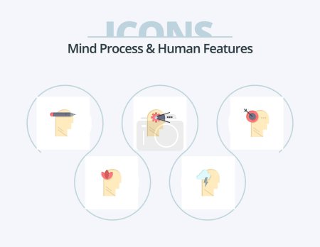 Ilustración de Proceso mental y características humanas Paquete de iconos planos 5 Diseño de iconos. Céntrate. Cabeza. Cabeza. mente. cognitivo - Imagen libre de derechos