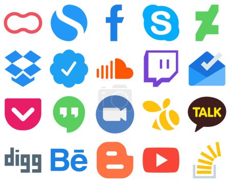 Ilustración de 20 Flat Interface Flat Social Media Iconos de bolsillo. contracción. charla. iconos de música y soundcloud. Gradiente Paquete de iconos de redes sociales - Imagen libre de derechos