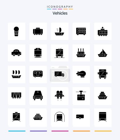Téléchargez les illustrations : Creative Vehicles 25 Glyph Solid Black icon pack  Such As transport. railroad. skiff. transport. double - en licence libre de droit