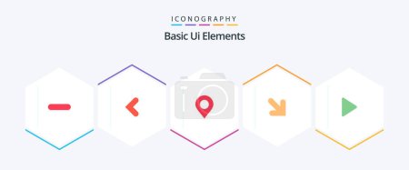 Illustration for Basic Ui Elements 25 Flat icon pack including play. control. map. right. arrow - Royalty Free Image