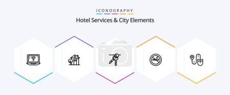 Illustration for Hotel Services And City Elements 25 Line icon pack including location. hotel. hotel. no. nosmoking - Royalty Free Image