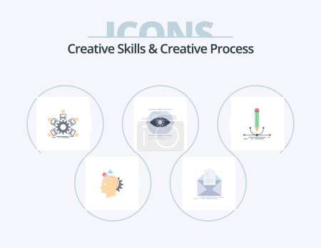 Téléchargez les illustrations : Compétences créatives et processus créatif Flat Icon Pack 5 Icon Design. surveillance. visualiser. email. travail d'équipe. leadership - en licence libre de droit
