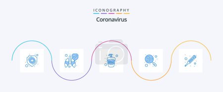 Téléchargez les illustrations : Coronavirus Blue Pack de 5 icônes Y compris mesure. fièvre. savon liquide. échantillon. laboratoire - en licence libre de droit