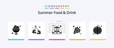 Téléchargez les illustrations : Summer Food and Drink Glyph 5 Icon Pack Including vegetable. fruits. wine. grapes. drink. Creative Icons Design - en licence libre de droit