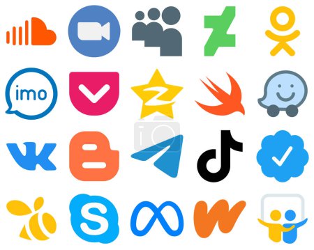 Ilustración de 20 Iconos planos de redes sociales para un diseño minimalista qzone. deviantart. iconos de bolsillo y video. Set de iconos de gradiente único - Imagen libre de derechos