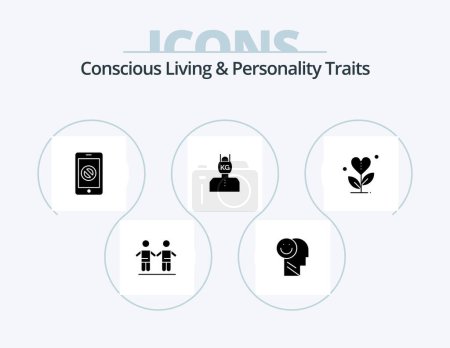 Téléchargez les illustrations : Concious Living And Personality Traits Glyph Icon Pack 5 Icône Design. stress. la vie. optimisme. tête. Non. - en licence libre de droit