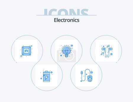 Illustration for Electronics Blue Icon Pack 5 Icon Design. song. music. plug. headset. lamp - Royalty Free Image