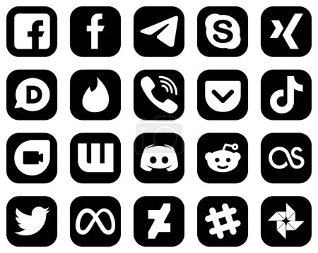 Ilustración de 20 High-Quality White Social Media Icons on Black Background such as video. tiktok. xing. pocket and rakuten icons. Fully editable and unique - Imagen libre de derechos