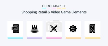 Téléchargez les illustrations : Shoping Retail And Video Game Elements Glyph 5 Icon Pack Including game. sticker. achievement. product. weapon. Creative Icons Design - en licence libre de droit