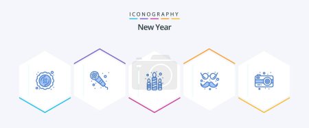 Illustration for New Year 25 Blue icon pack including photography. camera. fire. glasses and mustaches. funny - Royalty Free Image