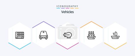 Illustration for Vehicles 25 Line icon pack including vessel. ship. airship. sail. steamship - Royalty Free Image