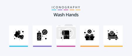 Téléchargez les illustrations : Wash Hands Glyph 5 Icon Pack Including corona. washing. paper. medical. hands. Creative Icons Design - en licence libre de droit