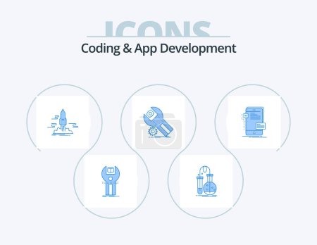 Illustration for Coding And App Development Blue Icon Pack 5 Icon Design. settings. space. lab. shuttle. publish - Royalty Free Image