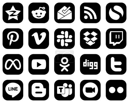 Téléchargez les illustrations : 20 Icônes de médias sociaux blanc propre sur fond noir tels que la vidéo. facebook. pinterest. icônes meta et dropbox. Moderne et minimaliste - en licence libre de droit