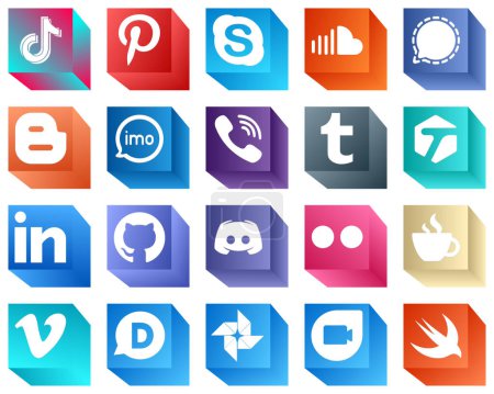Illustration for 3D Social Media Icons 20 Icons Pack such as audio. blog. soundcloud. blogger and mesenger icons. High-resolution and fully customizable - Royalty Free Image