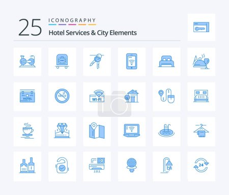 Illustration for Hotel Services And City Elements 25 Blue Color icon pack including bed . service. bag. sign . keys - Royalty Free Image