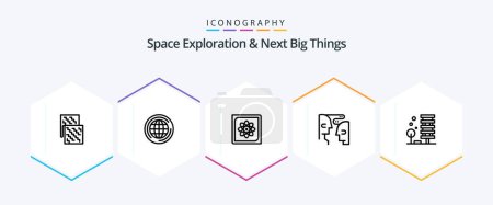 Téléchargez les illustrations : Space Exploration And Next Big Things Pack d'icônes 25 Line incluant l'interaction. communication. Réfléchis. cerveau. données - en licence libre de droit