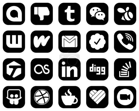 Illustration for 20 Clean White Social Media Icons on Black Background such as tagged. rakuten. wattpad. viber and mail icons. Versatile and high-quality - Royalty Free Image