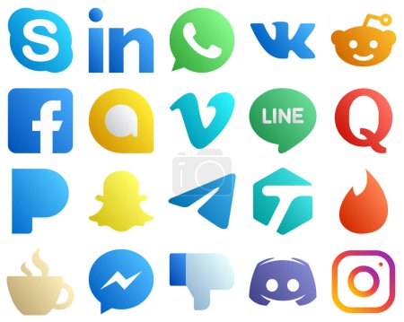 Illustration for 20 Unique Gradient Social Media Icons such as snapchat. question. fb. quora and video icons. Eye catching and high definition - Royalty Free Image