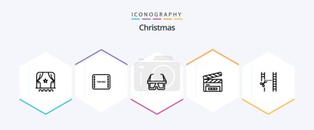 Téléchargez les illustrations : Christmas 25 Line icon pack including cinematography. film flap. d glasses. clapperboard. clapboard - en licence libre de droit