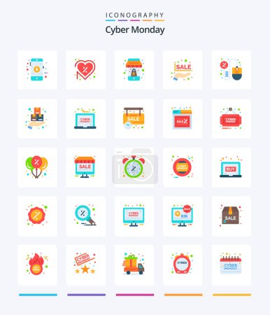 Ilustración de Creativo Cyber Monday 25 paquete de iconos planos, como el ratón. porcentaje. oferta. La mano. móvil - Imagen libre de derechos