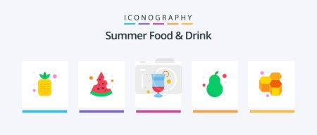 Téléchargez les illustrations : Summer Food and Drink Flat 5 Icon Pack Including bees. sweet. cocktail. pear. summer. Creative Icons Design - en licence libre de droit