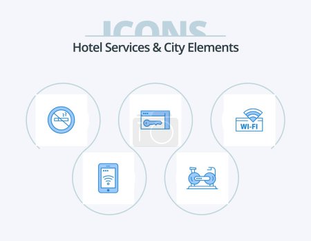 Illustration for Hotel Services And City Elements Blue Icon Pack 5 Icon Design. hotel. key. fittness. security. hotel - Royalty Free Image