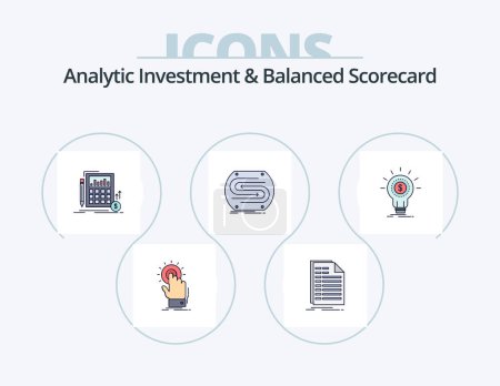 Ilustración de Analytic Investment And Balanced Scorecard Line Filled Icon Pack 5 Icon Design. dollars. banknotes. degree. strategy. measure - Imagen libre de derechos