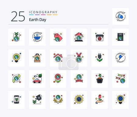 Téléchargez les illustrations : Jour de la Terre 25 Ligne Emballage d'icônes rempli de vert terre. domaine. réutilisation. écologique. recycler - en licence libre de droit