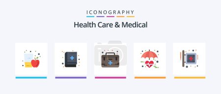 Téléchargez les illustrations : Health Care And Medical Flat 5 Icon Pack Including heart. medical. aid. insurance. care. Creative Icons Design - en licence libre de droit
