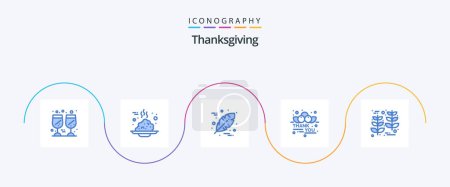 Téléchargez les illustrations : Pack de 5 icônes bleu Thanksgiving Y compris la récolte. thanksgiving. Merci. message. cerise - en licence libre de droit