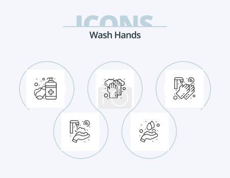 Téléchargez les illustrations : Lavez-vous les mains ligne Icône Pack 5 Icône Design. mains pulvérisation. alcool. les mains. lavage. soin des mains - en licence libre de droit