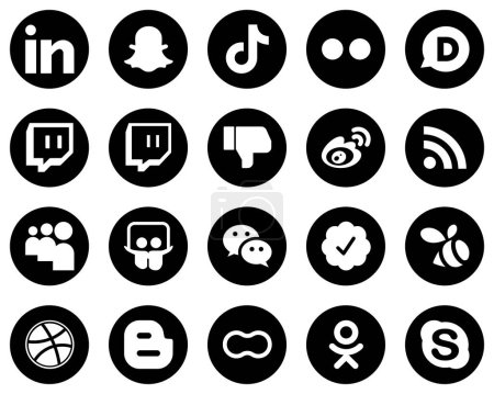 Illustration for 20 Fully Editable White Social Media Icons on Black Background such as sina. flickr. weibo and dislike icons. Premium and high-quality - Royalty Free Image