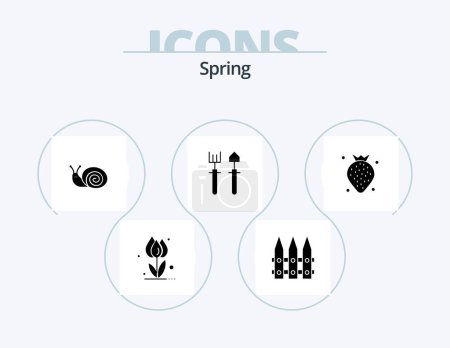 Téléchargez les illustrations : Icône de glyphe de printemps Pack 5 Icône Design. fraise. Râteau. printemps. jardinier. printemps - en licence libre de droit