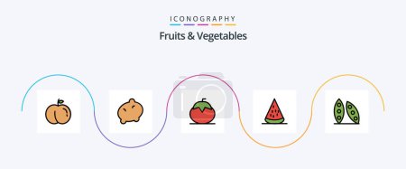 Téléchargez les illustrations : Ligne de fruits et légumes rempli plat Pack de 5 icônes incluant la nourriture. Haricot. tomate. en bonne santé. fruits - en licence libre de droit