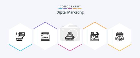 Illustration for Digital Marketing 25 Line icon pack including youtube. record. online. video. keys - Royalty Free Image
