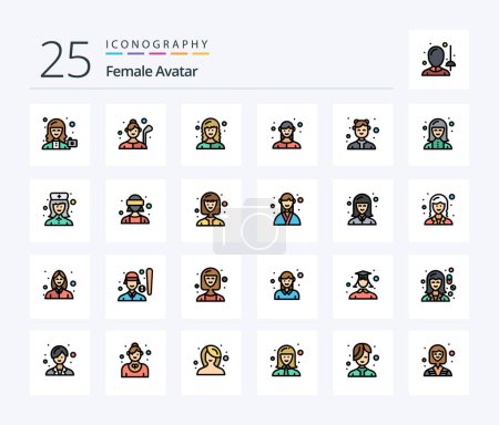Ilustración de Female Avatar 25 Line Pack de iconos rellenos incluyendo negocios. Mujer. golfista. empleado. desarrollador web femenino - Imagen libre de derechos